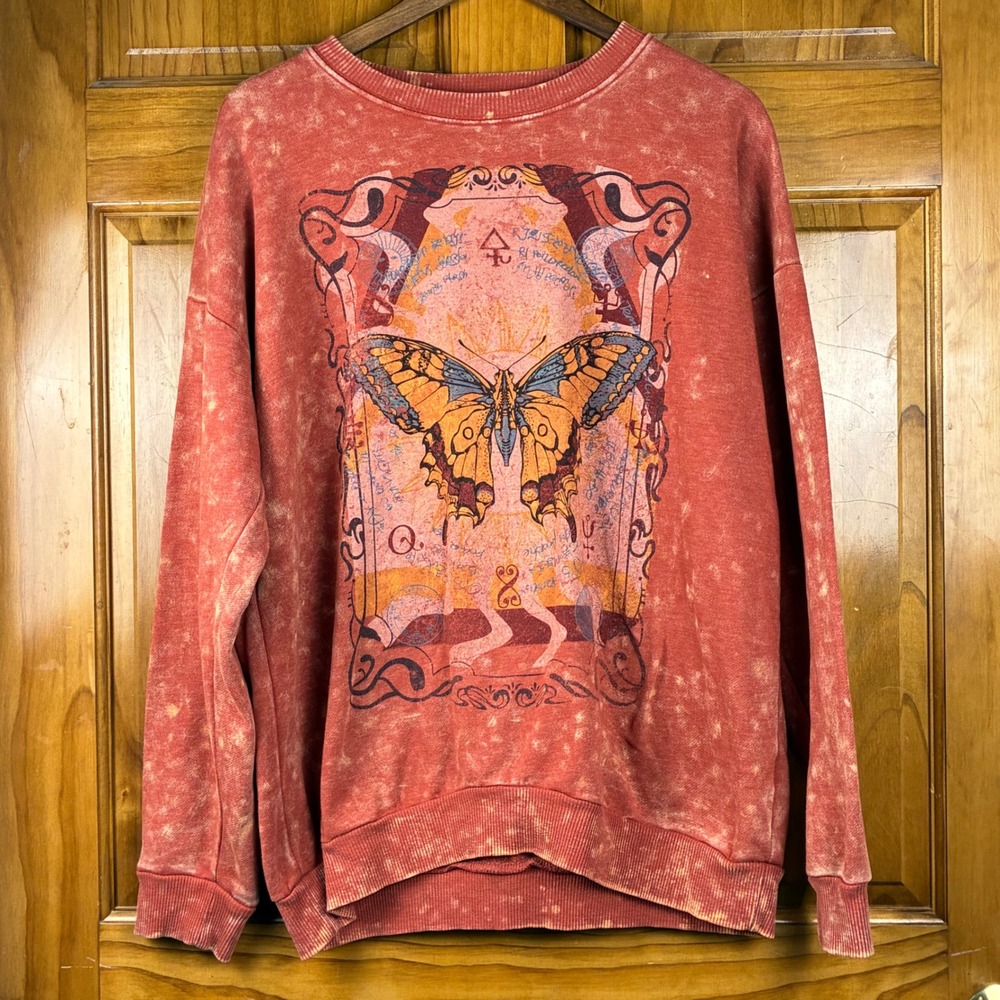 Acid Washed Butterfly Graphic Large Crewneck Sweatshirt Goblincore Fairycore